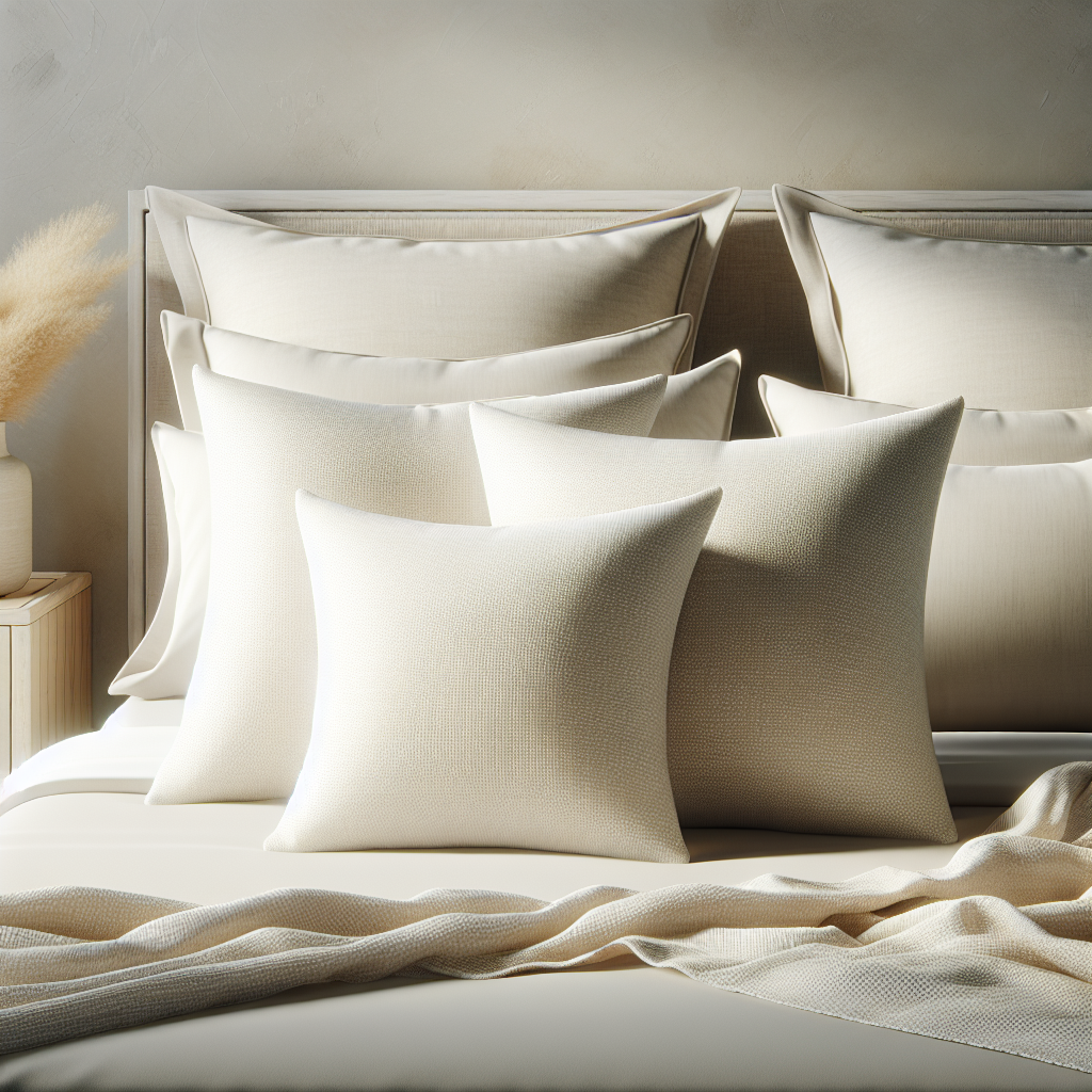 A realistic image of hypoallergenic organic pillows on a tidy bed in a cozy bedroom setting.