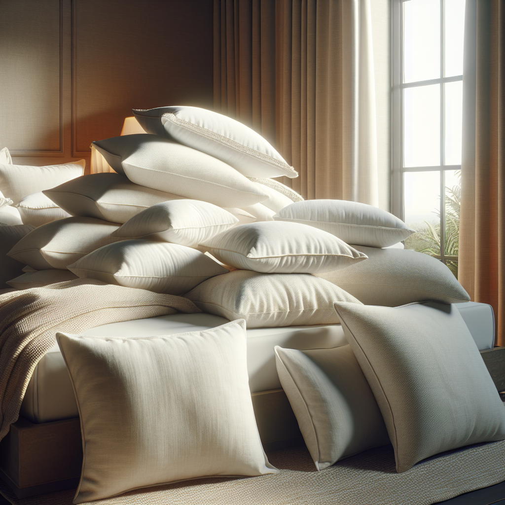 A cozy bed with hypoallergenic organic pillows stacked, showcasing their soft, inviting appearance and natural textures.