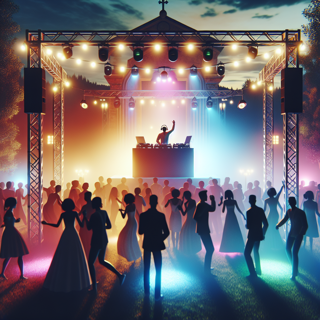 Animated Wedding Dj Setup With Diverse Crowd Dancing, Colorful Evening Lights, In An Outdoor Mechanic Falls Setting.