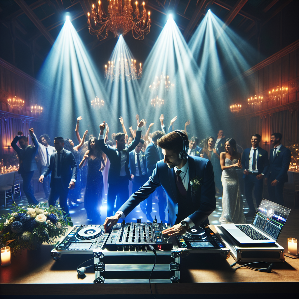 A Realistic And Energetic Wedding Dj Booth With A Modern Setup And Vibrant Lighting, Surrounded By Elegantly Dressed Guests Dancing In An Elegant Venue Typical Of Mechanic Falls, Maine.