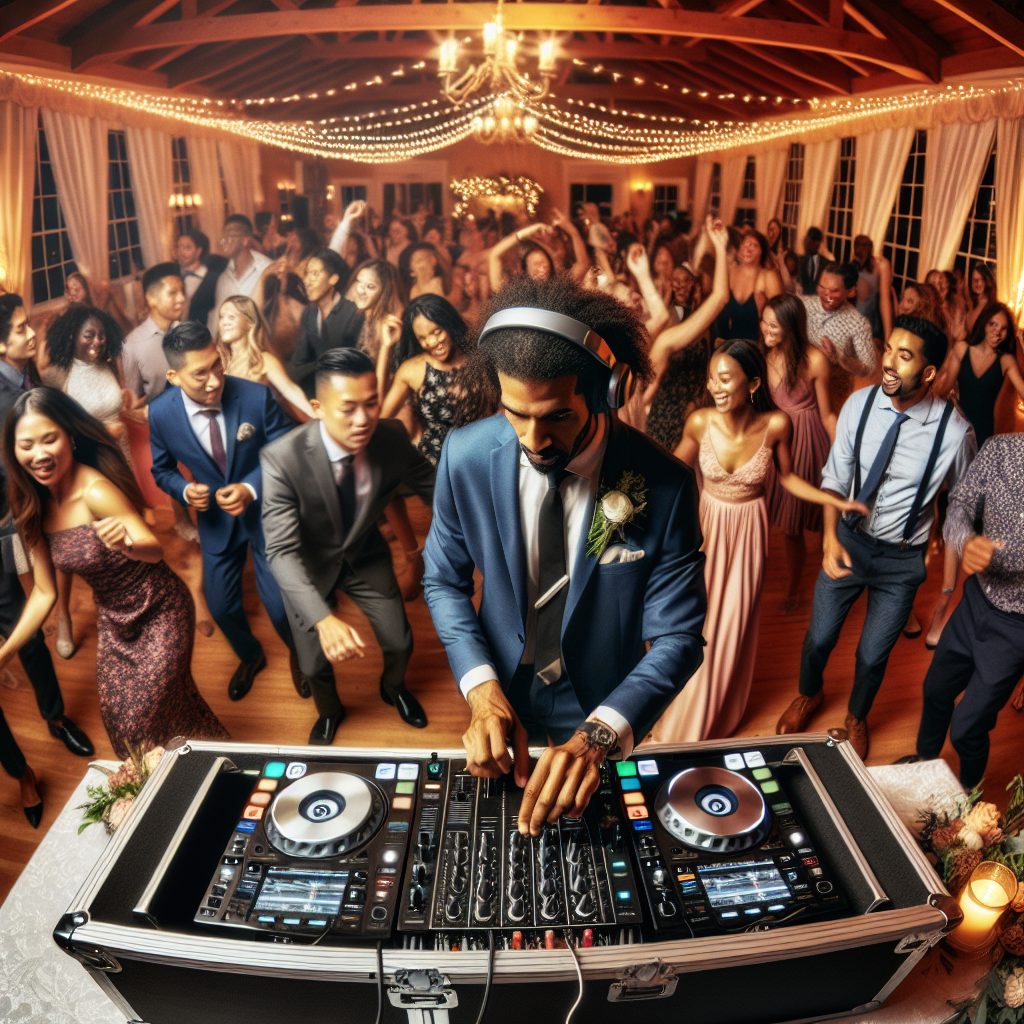 A Lively Wedding Dj Scene With A Diverse Crowd Dancing, Elegant Decorations, And A Dynamic Dj Operating Equipment, Devoid Of Text Or Logos.