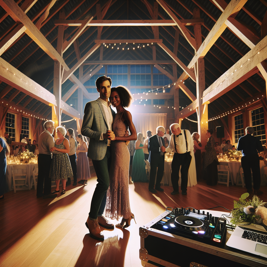 A Realistic Wedding Scene With A Dj And Guests Dancing In A Warmly Lit Barn Venue In Topsham, Maine.