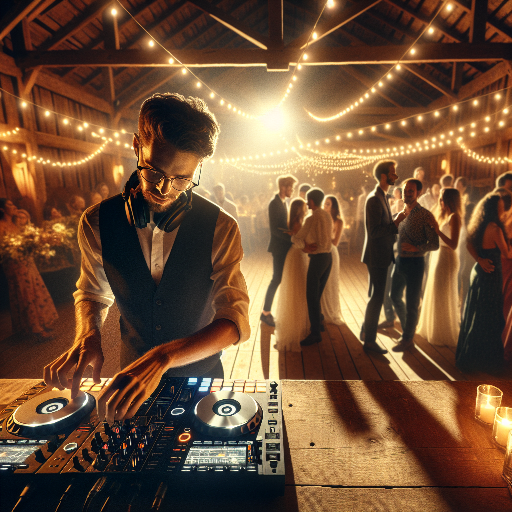 A Wedding Dj Mixing Tracks At A Rustic Barn Venue During A Lively Wedding Celebration In Topsham, Maine, With Guests Dancing Under Warm String Lights.