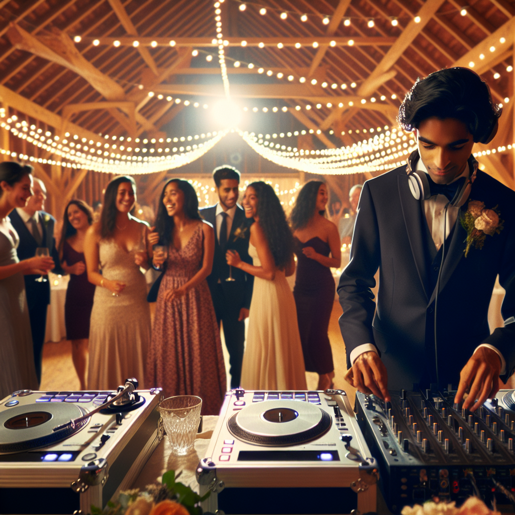 A Festive And Romantic Wedding Reception With A Dj Playing Music In A Warmly Lit Barn In Topsham, Maine.