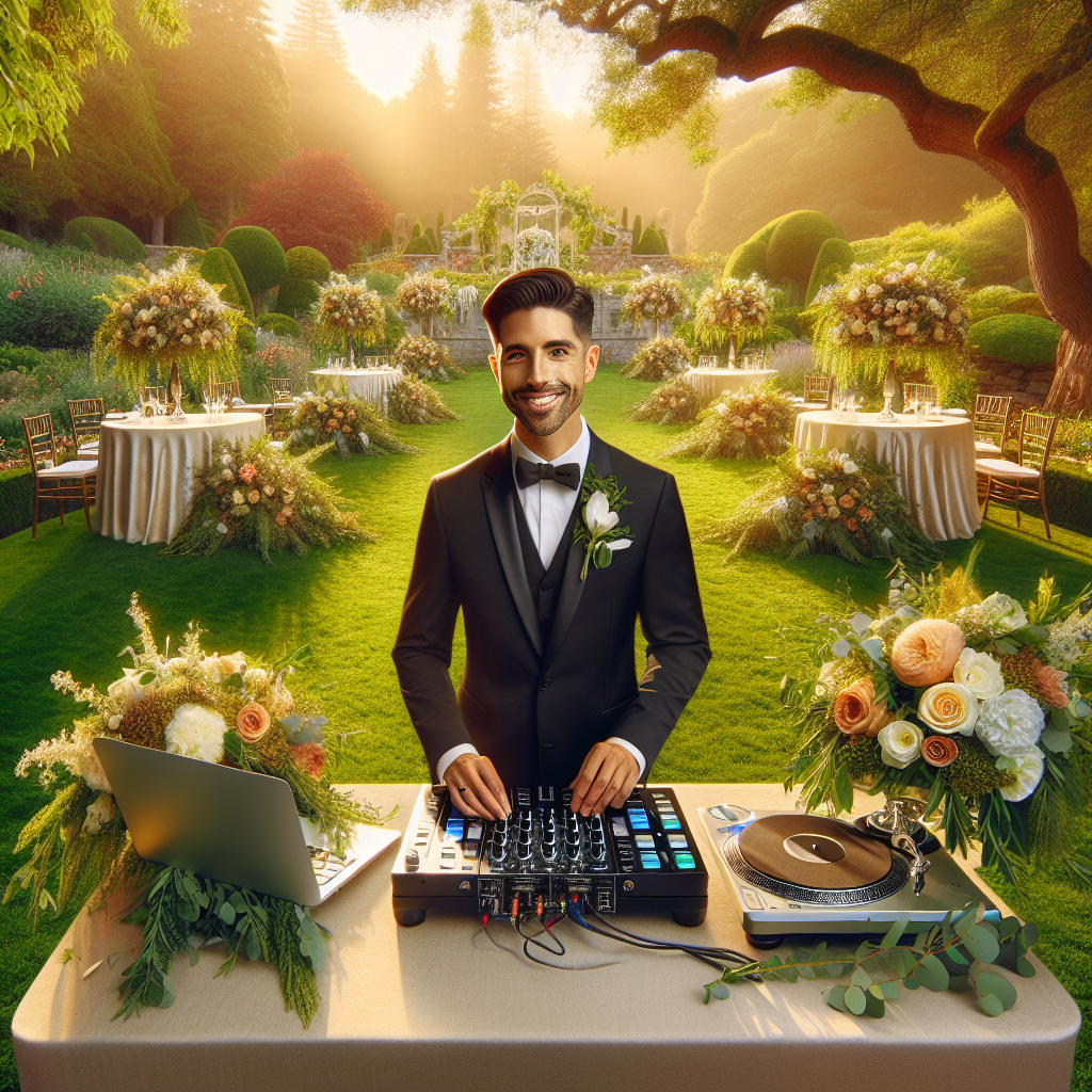 A Realistic Image Of A Cheerful Dj At A Wedding Booth Setup In A Lush Garden Bathed In Golden Hour Light, Conveying A Magical Wedding Ambiance.
