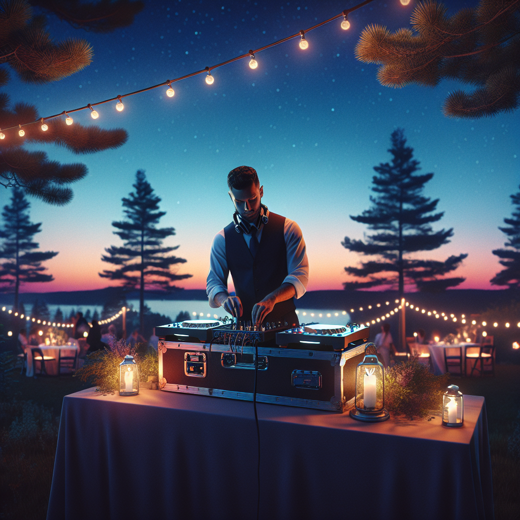 Realistic Evening Outdoor Wedding Dj Setup In Augusta, Maine, With A Dj At A Booth, Ambient Lighting, Twilight Sky, And Pine Tree Silhouettes.