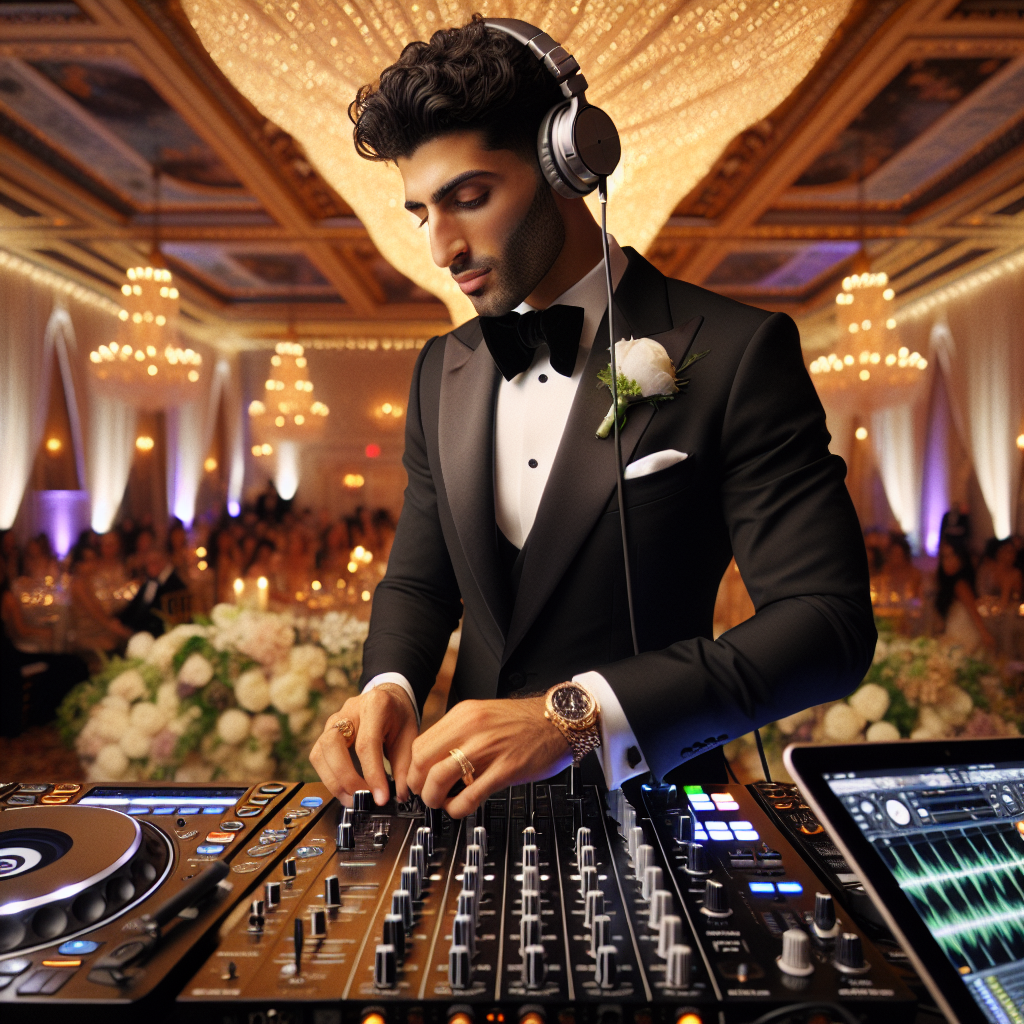 A Realistic Depiction Of A Wedding Dj In A Black Tuxedo, Mixing Tracks At A Dj Booth In An Elegantly Decorated Wedding Venue In Augusta, Maine.