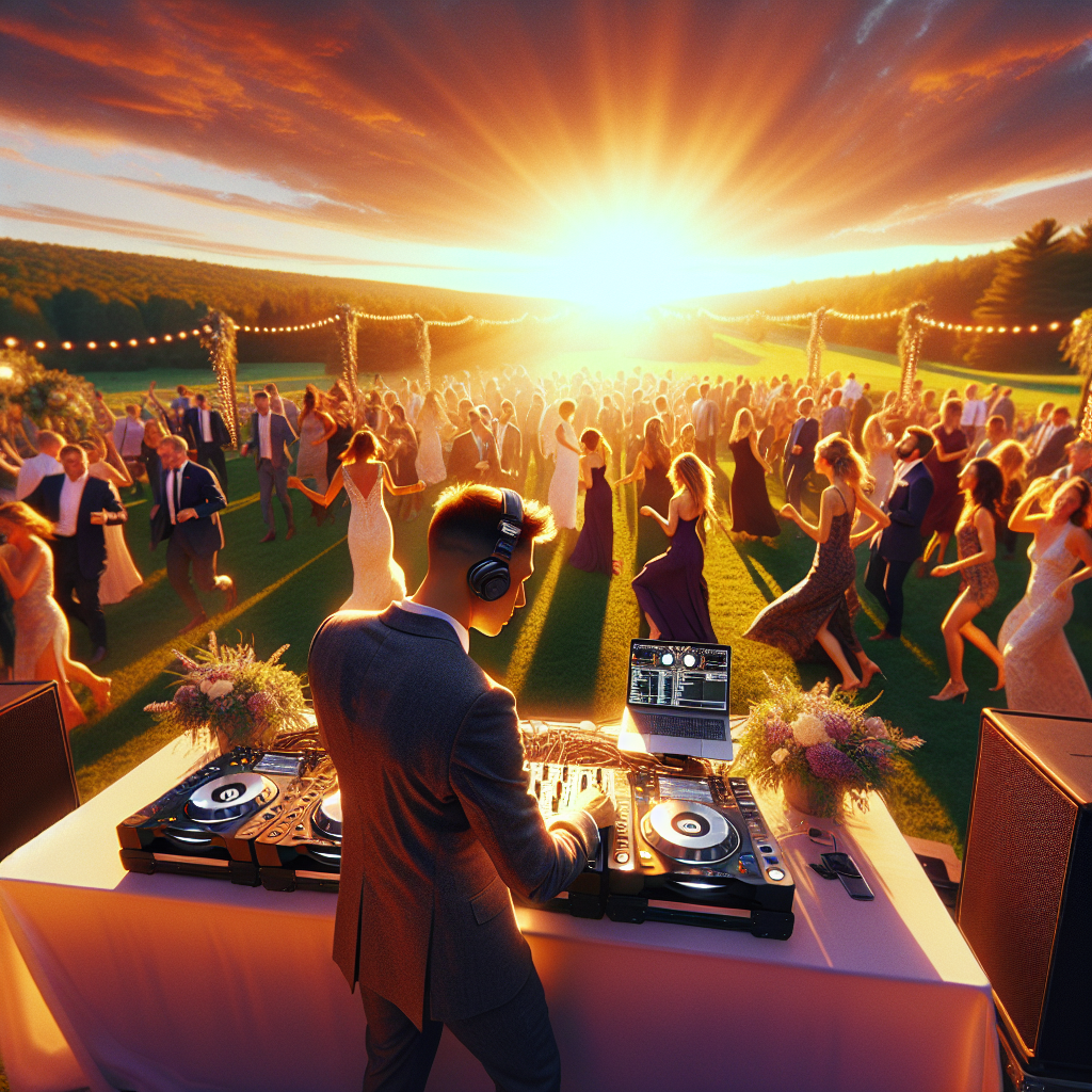 A Turner, Maine Wedding Dj Performing At An Outdoor Wedding Venue During Sunset, With Guests Dancing And A Lush Landscape In The Background.