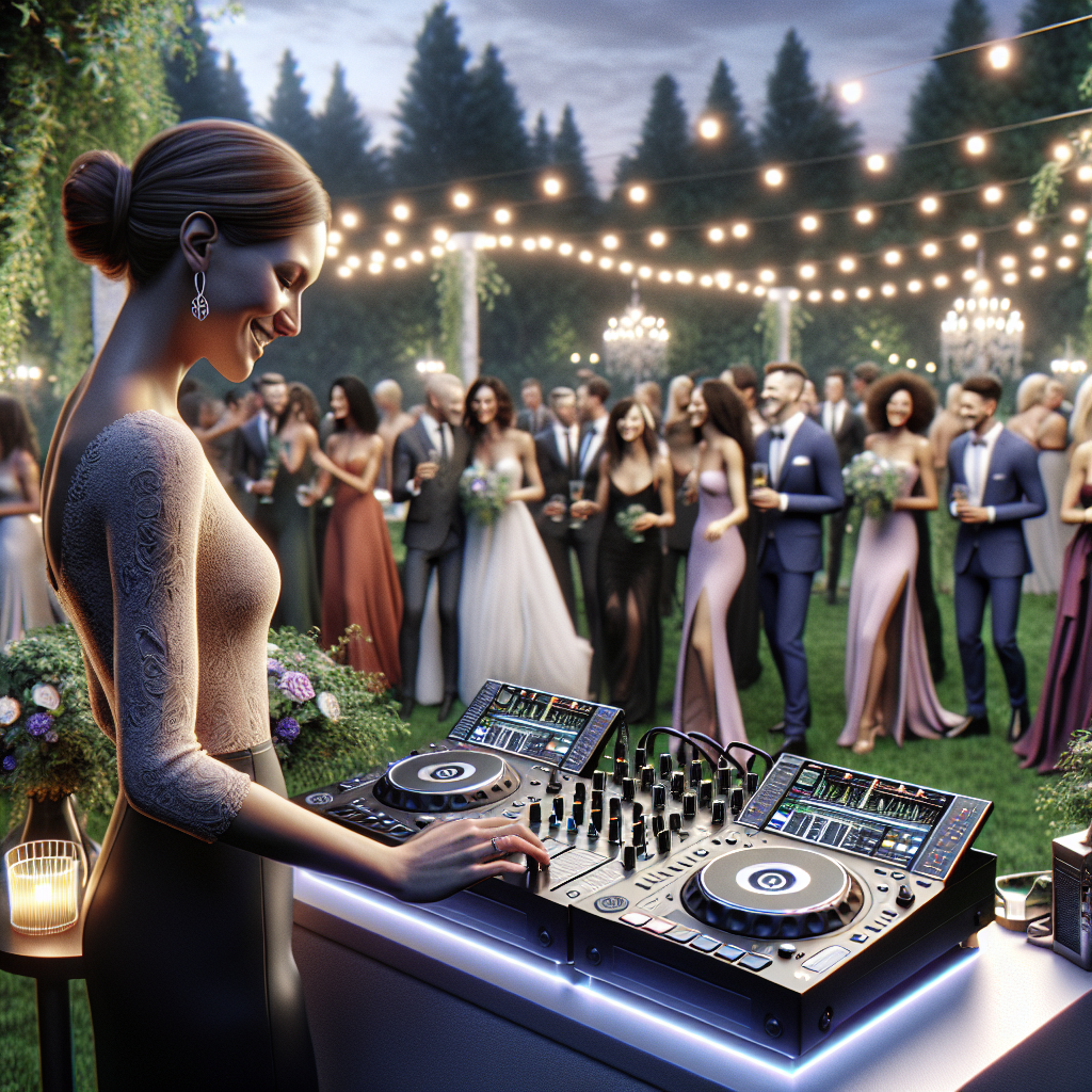 An Outdoor Wedding Dj Booth In Turner, Maine With Guests Dancing And A Dj At A Digital Mixer Surrounded By Evening Lights And A Lush Green Setting.