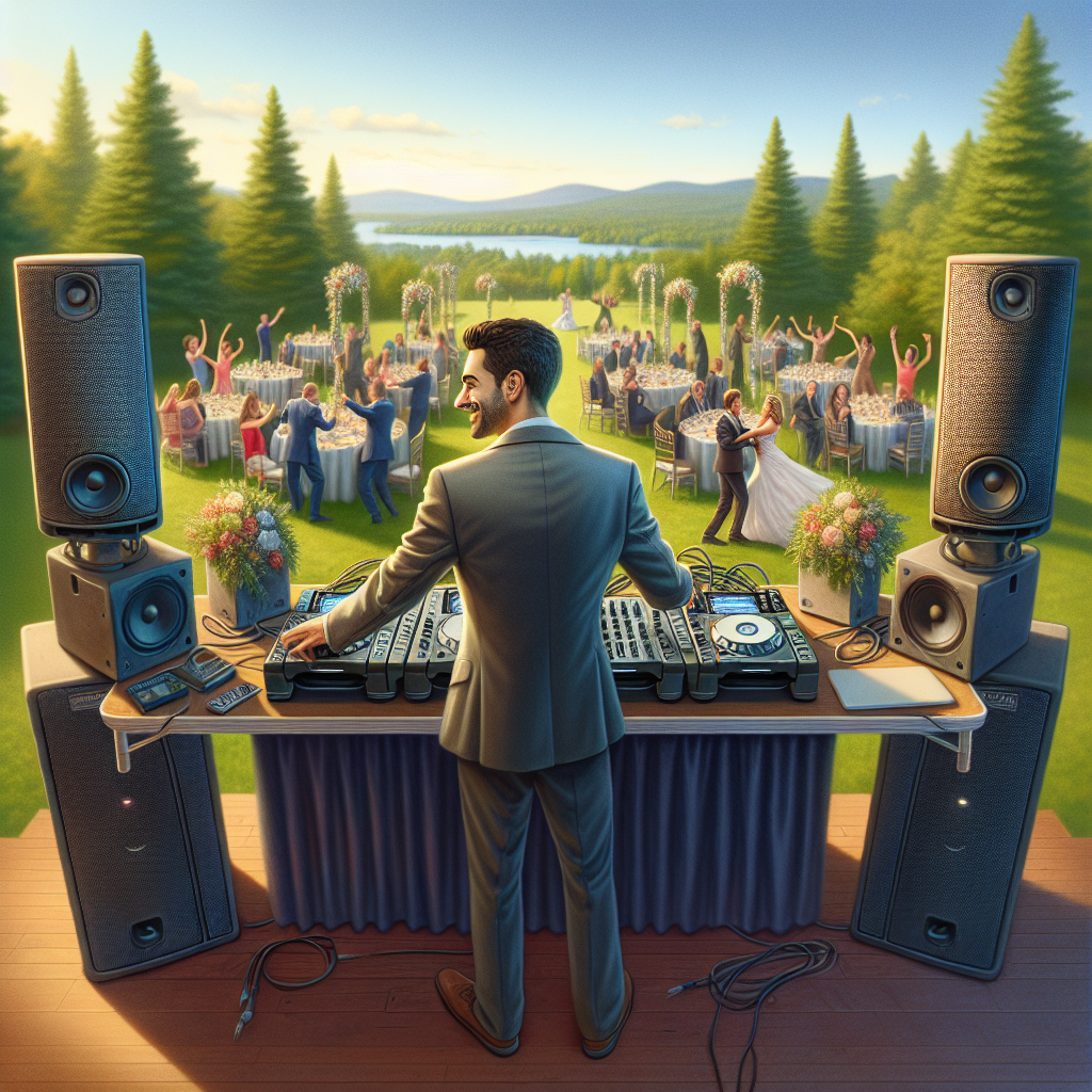 A Turner, Maine Wedding Dj Behind A Sound Console With Speakers On Either Side, At An Outdoor Wedding Venue With Lush Landscapes, Guests Dancing In A Warm Afternoon Light.