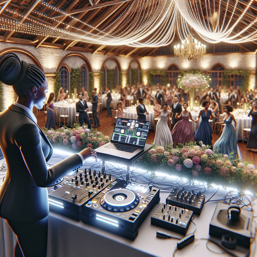 A Wedding Reception In Greene, Maine Featuring A Skilled Dj Creating A Joyful Atmosphere As Guests Dance And Celebrate.