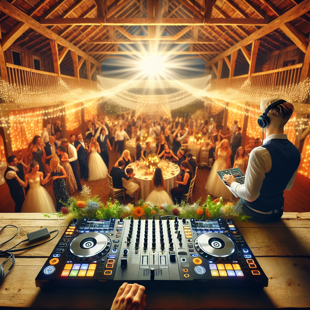 A Realistic Scene Of A Wedding Celebration In Greene, Maine, With A Skilled Dj And Dancing Guests.