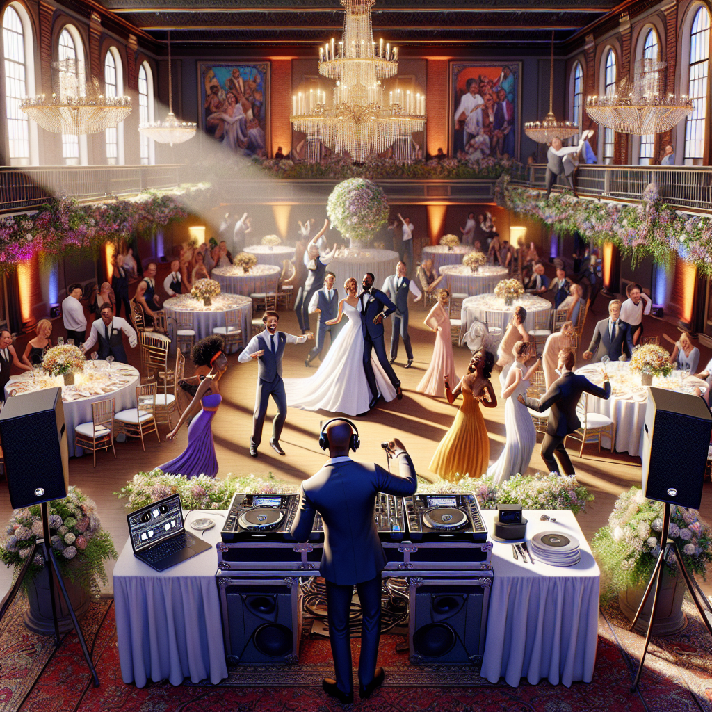 A Professional Wedding Dj Setup At A Wedding Reception With Joyful Guests Dancing, Including The Bride And Groom.