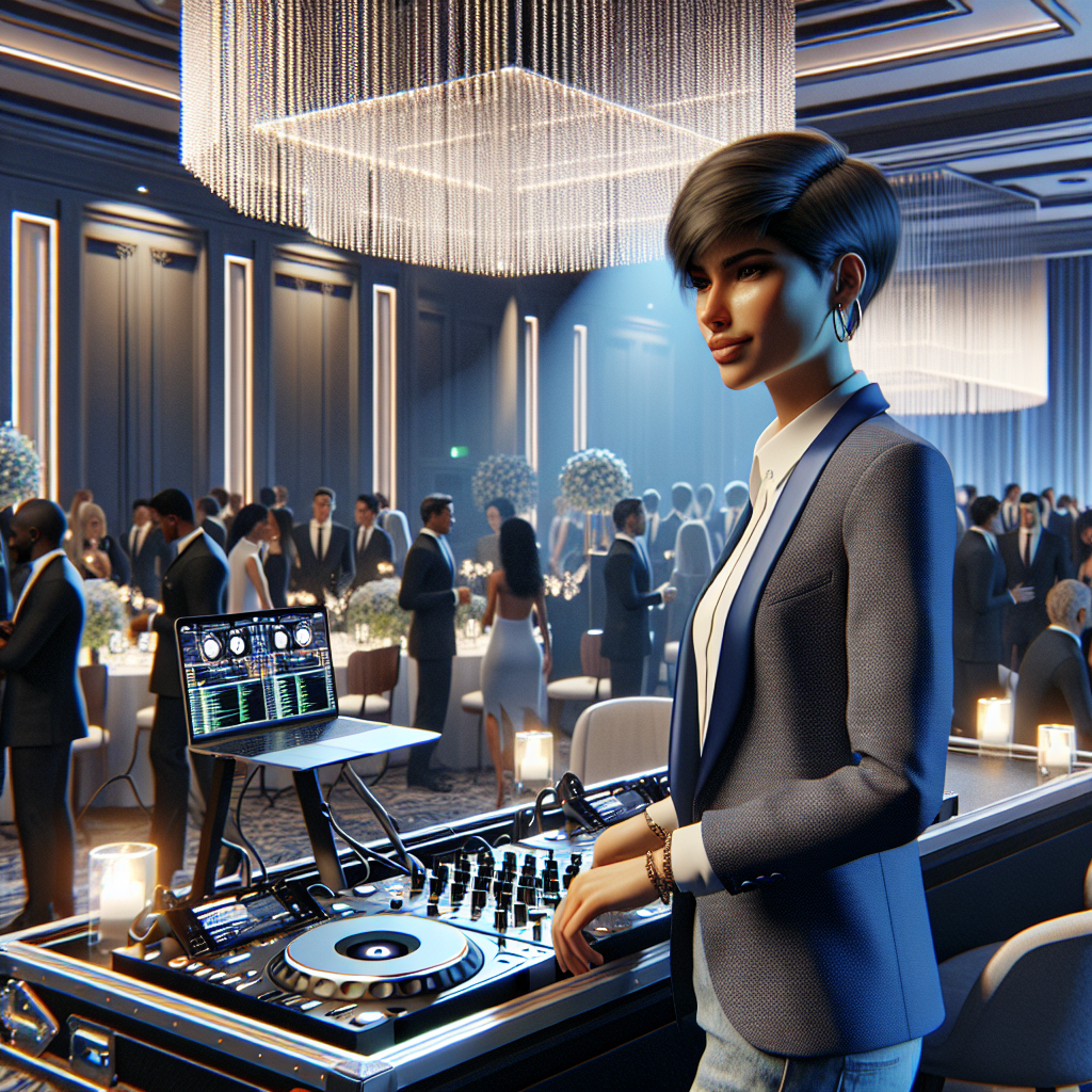 A Dj Playing At A Stylish Corporate Event With Attendees Mingling And Dancing.
