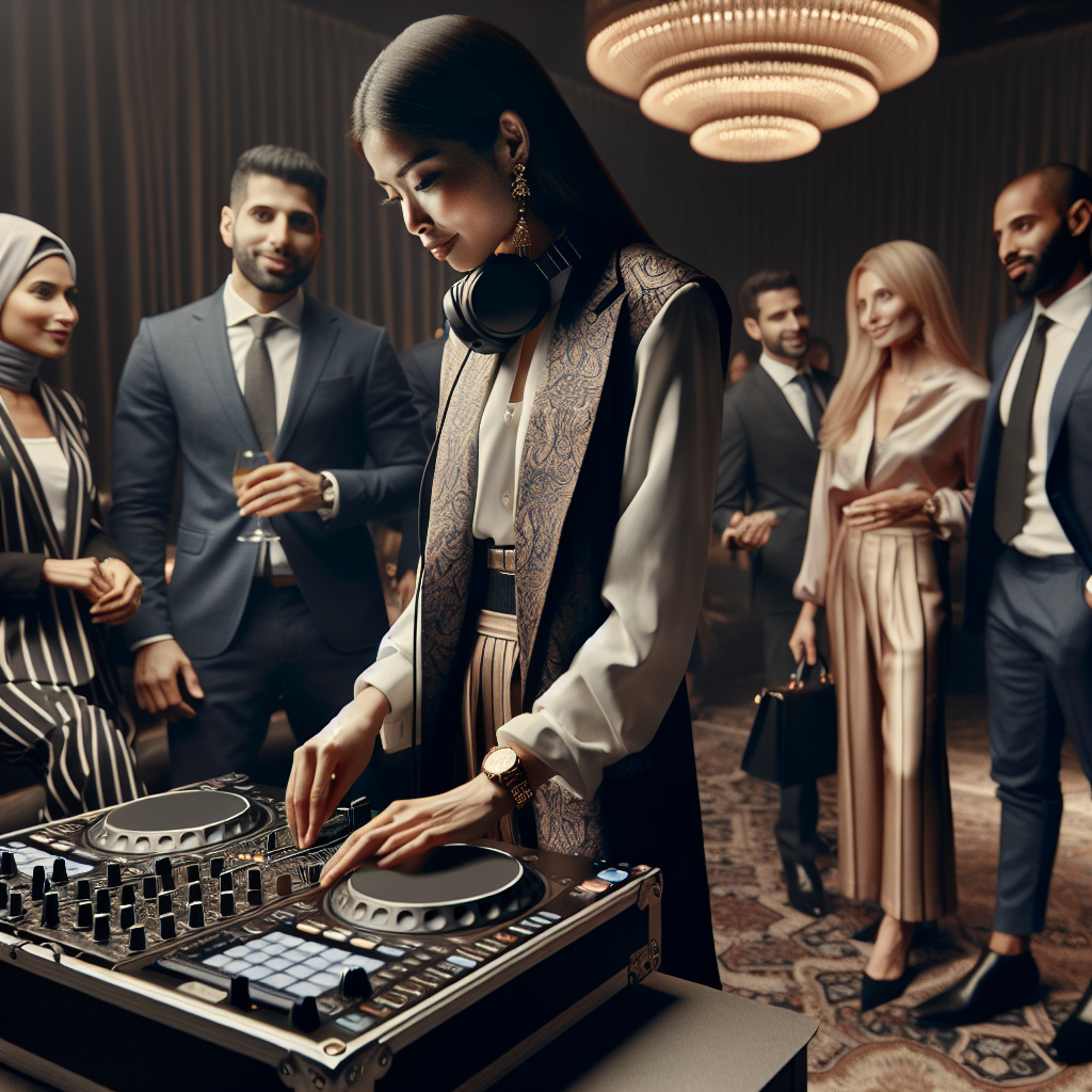 A Professional Dj In A Suit Performing At A Corporate Event With Attendees Mingling In A Sophisticated, Well-Lit Venue.