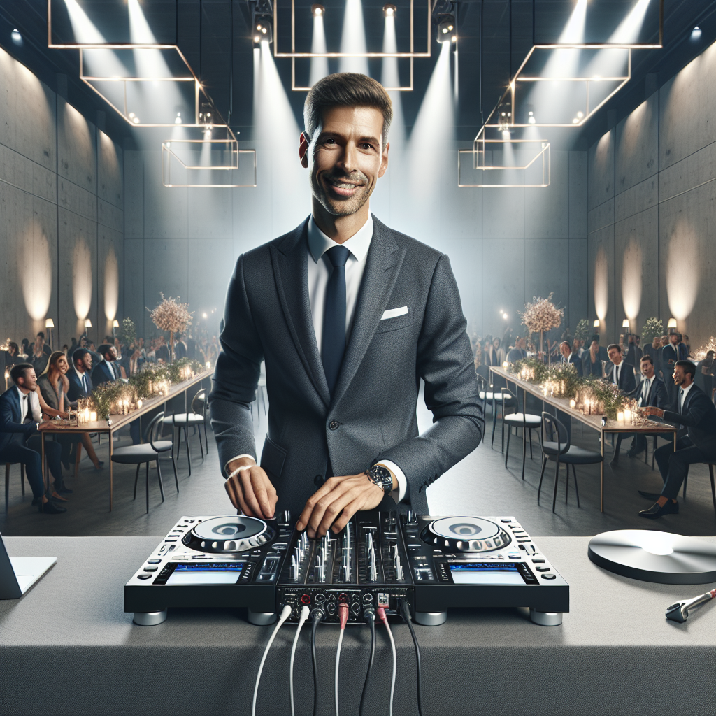 A Corporate Event Dj Engaging With A Diverse Crowd In A Professionally Decorated Venue.