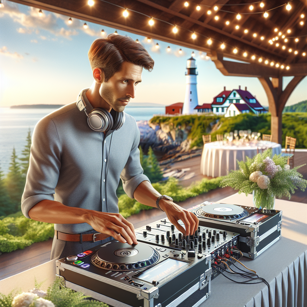 A Wedding Dj Performing At A Stunning Cape Elizabeth, Maine Venue With A Picturesque Coastal Background.