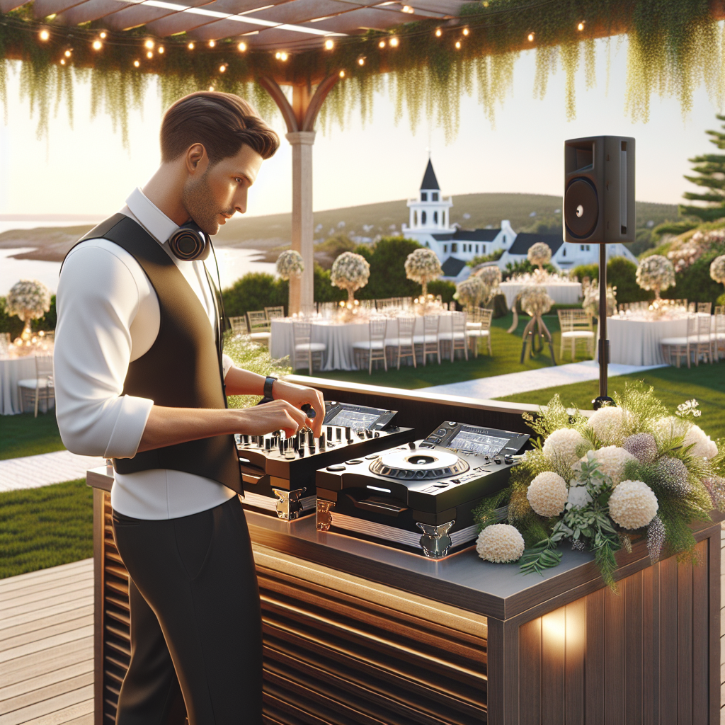 A Realistic Depiction Of A Wedding Dj Setup In Cape Elizabeth, Maine, With A Modern Dj Booth, Turntables, And Picturesque Outdoor Venue.