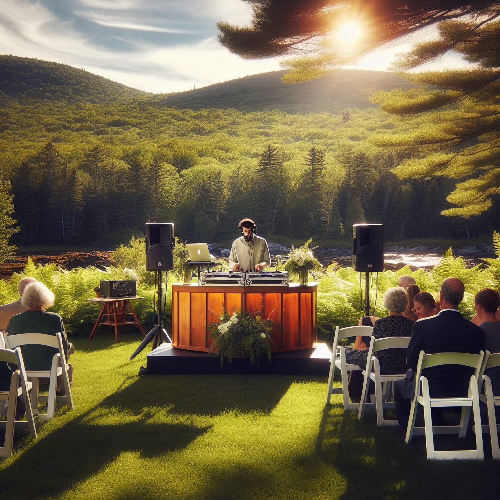 An Outdoor Wedding In Central Maine With A Dj Booth And Vibrant Greenery.