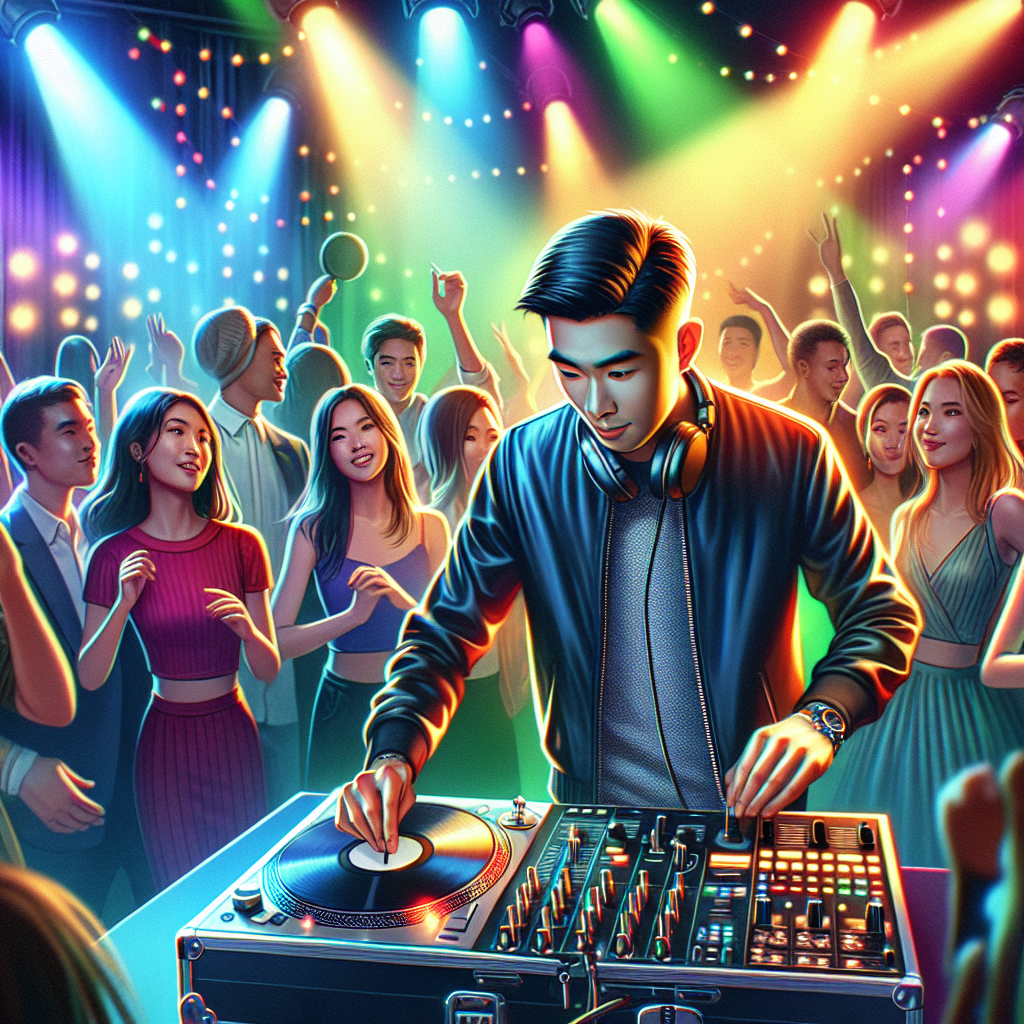 A Dj Performing At A Lively Birthday Party, With Vibrant Lights And People Dancing.