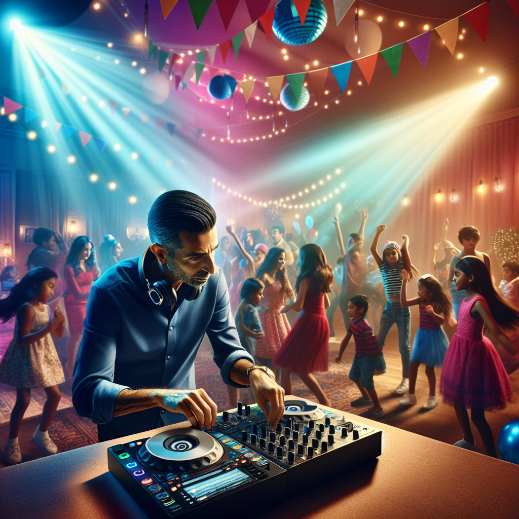 A Birthday Party Scene With A Dj Playing Music, Surrounded By A Lively Dancing Crowd Under Colorful Lights.