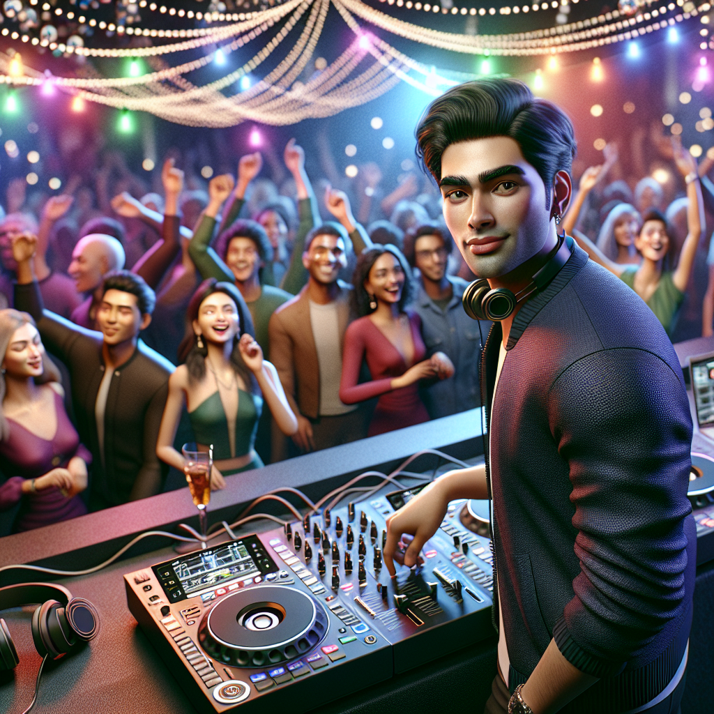 A Skilled Dj Playing Music At A Lively Birthday Party With Colorful Lights And Dancing Guests.
