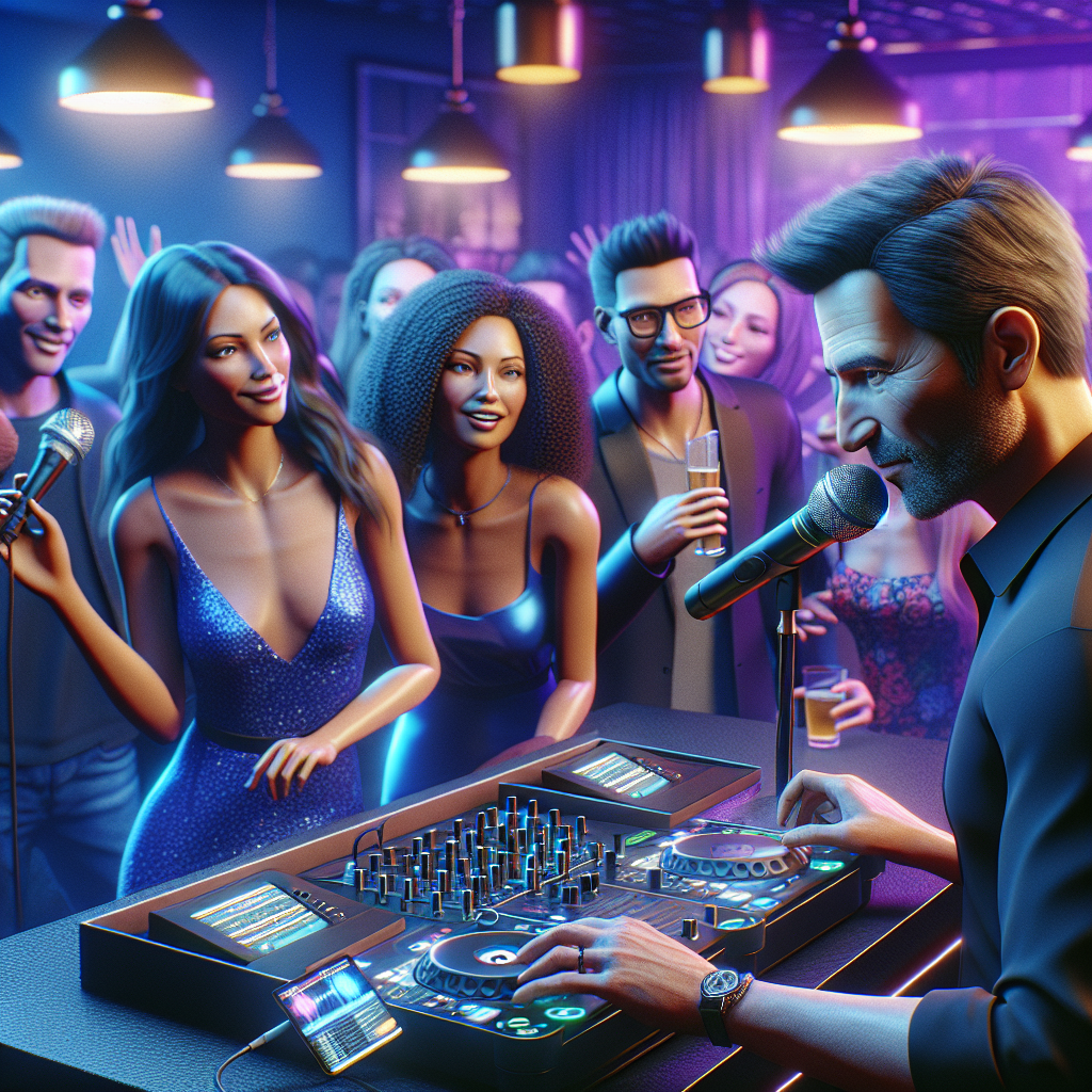 A Lively Karaoke Dj Scene With A Diverse Crowd And A Dj Mixing Tracks.