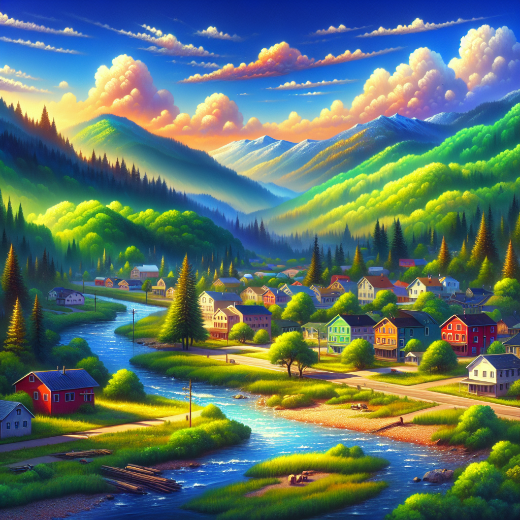 A Picturesque Landscape Of Jay, Maine, Featuring Mountains, A River, And Charming Houses.