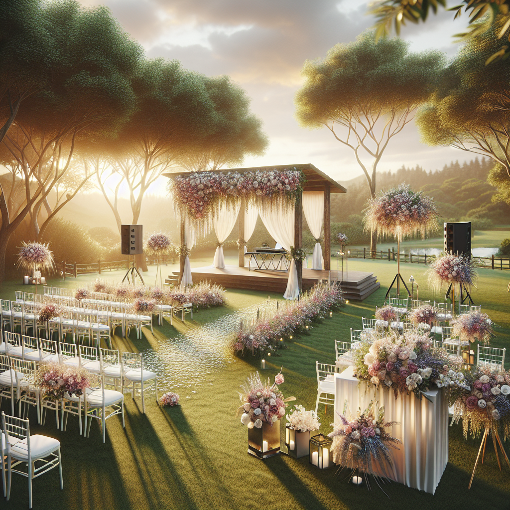 A Picturesque Outdoor Wedding Setup In Bridgeton, Maine, Featuring A Floral Arch, White Chairs, And A Modern Dj Booth.