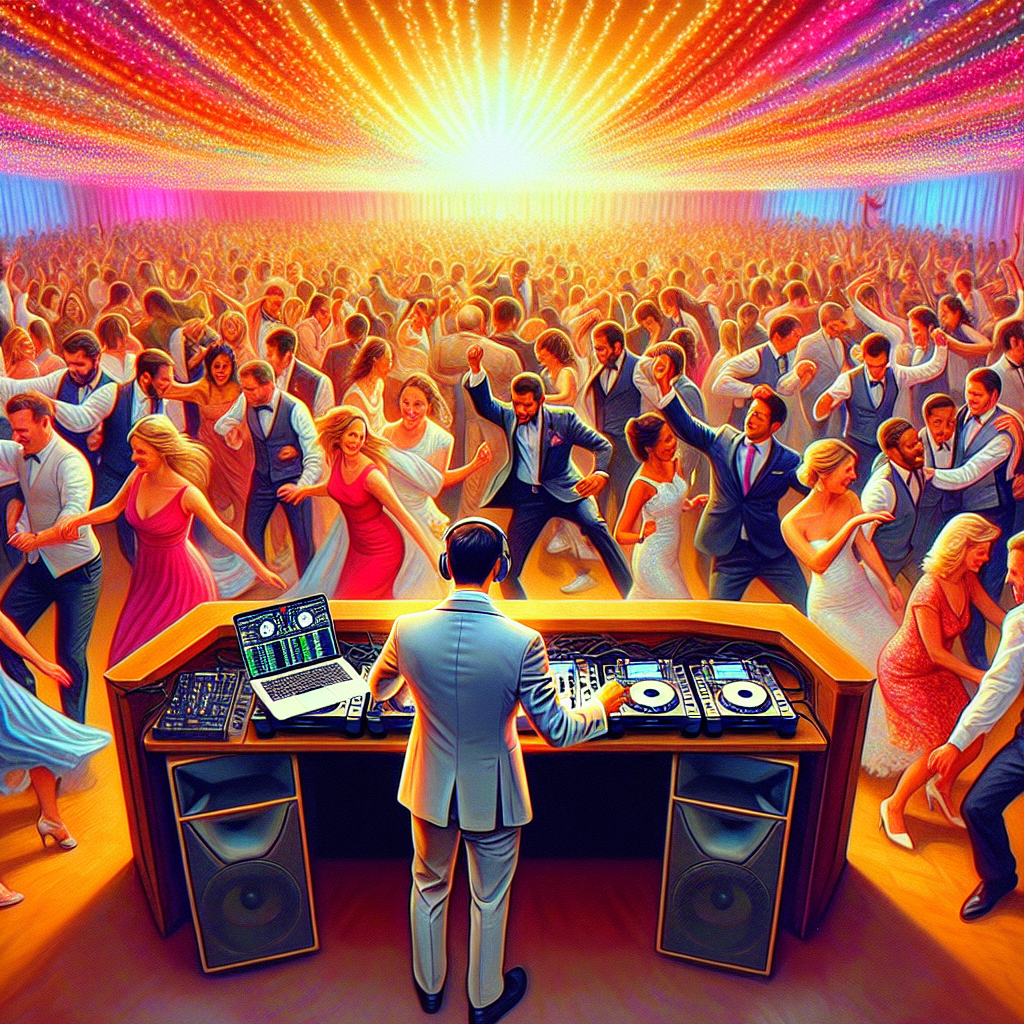 A wedding DJ at a reception with guests dancing and colorful lights.