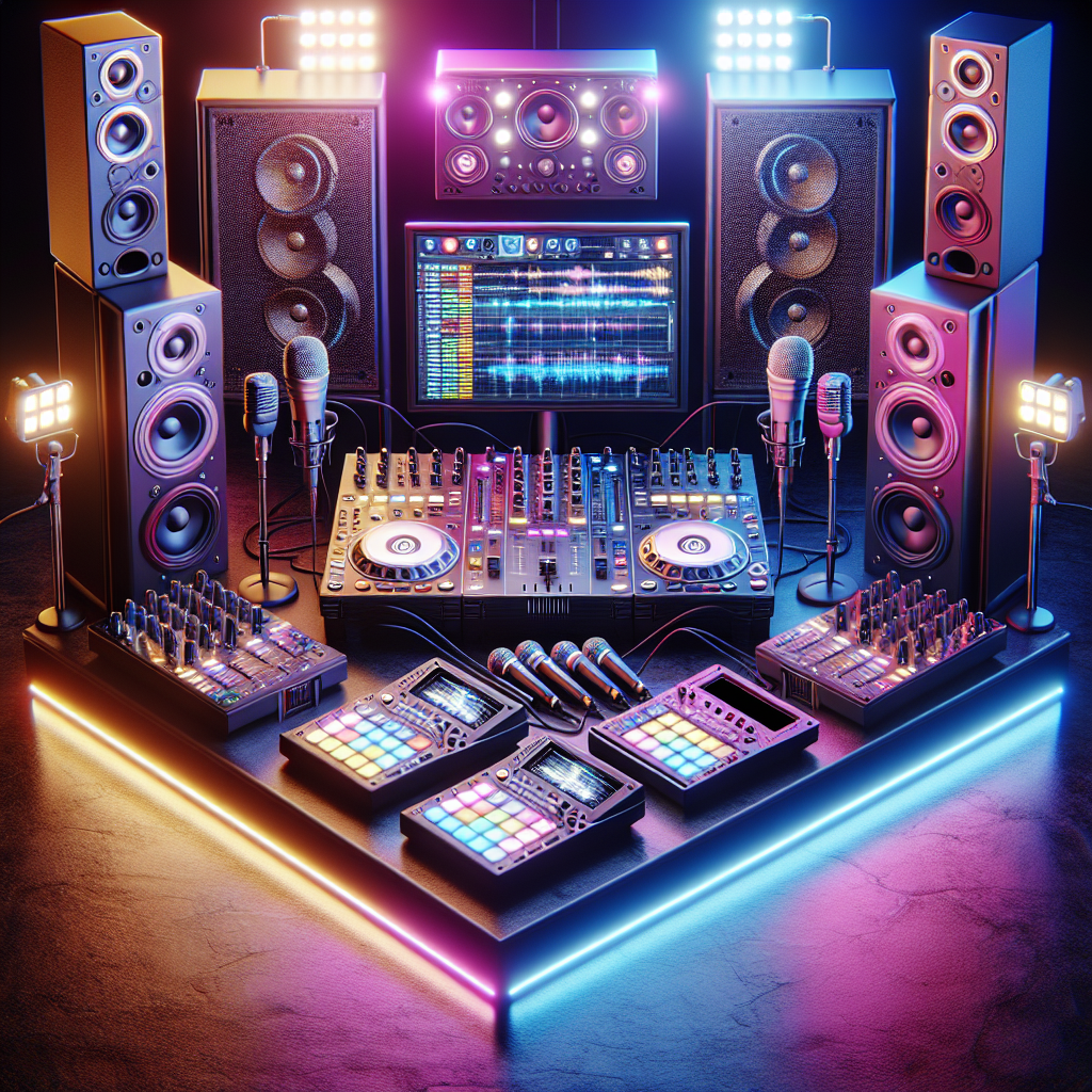 Realistic and detailed karaoke DJ setup with vibrant LED lights and sound equipment.