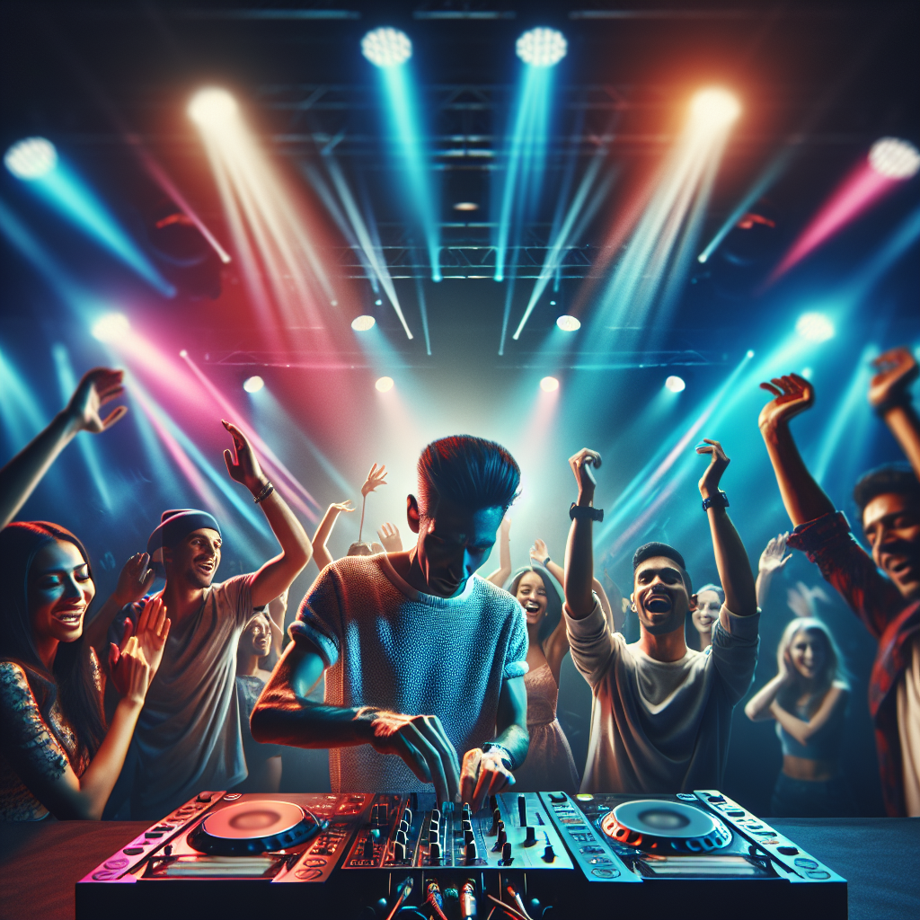 A realistic image of a DJ party event capturing the energy and excitement of the scene with people dancing and the DJ performing.