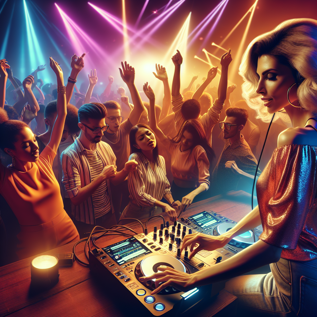 An energetic and vibrant DJ party scene with a crowd and dynamic lighting.
