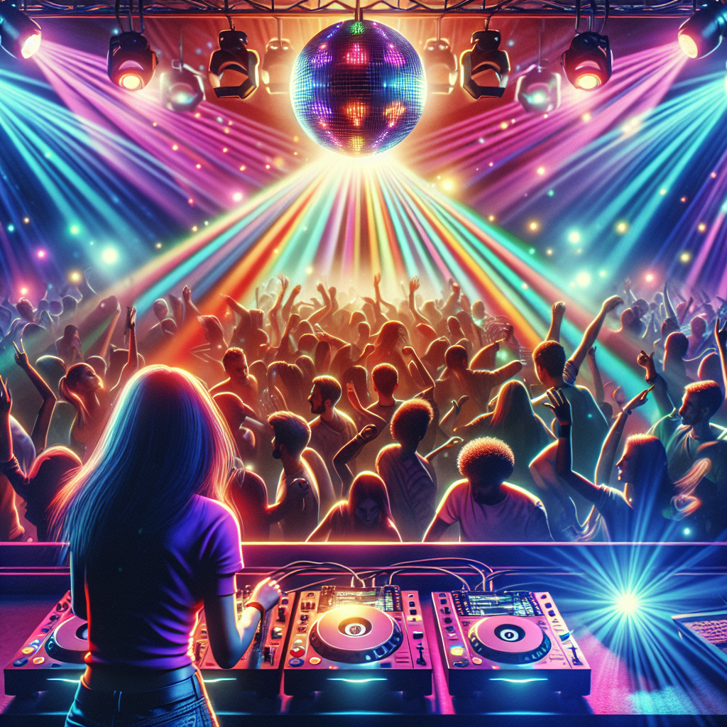 A lively DJ party with colorful lighting and people dancing.