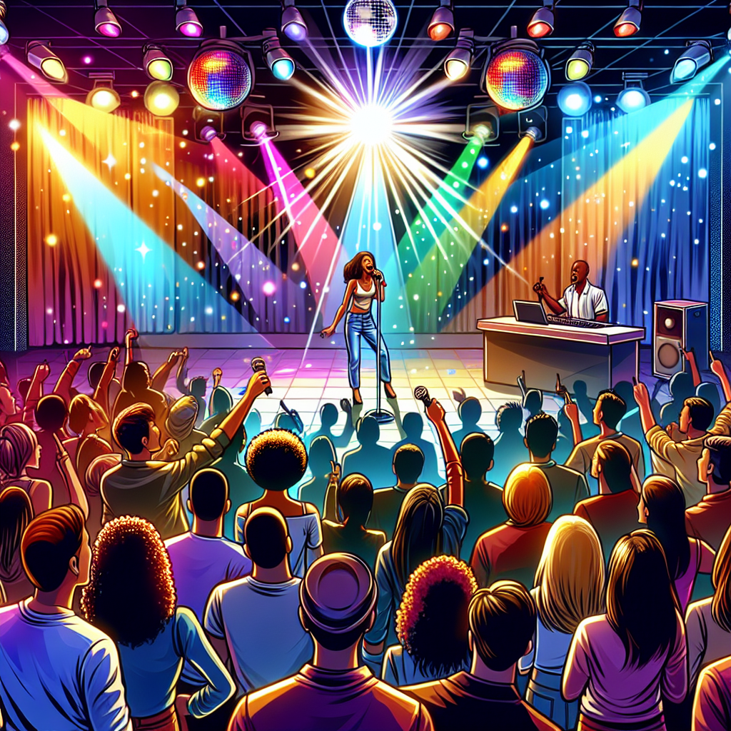 A Lively Karaoke Night Scene With A Featured Singer On Stage And A Dj In The Background Amidst Colorful Lights.