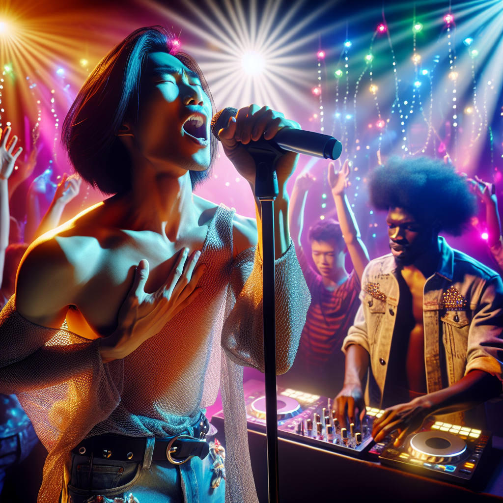 A Lively Karaoke Night With A Person Singing On Stage, Dj In The Background, And Dynamic, Colorful Lights.