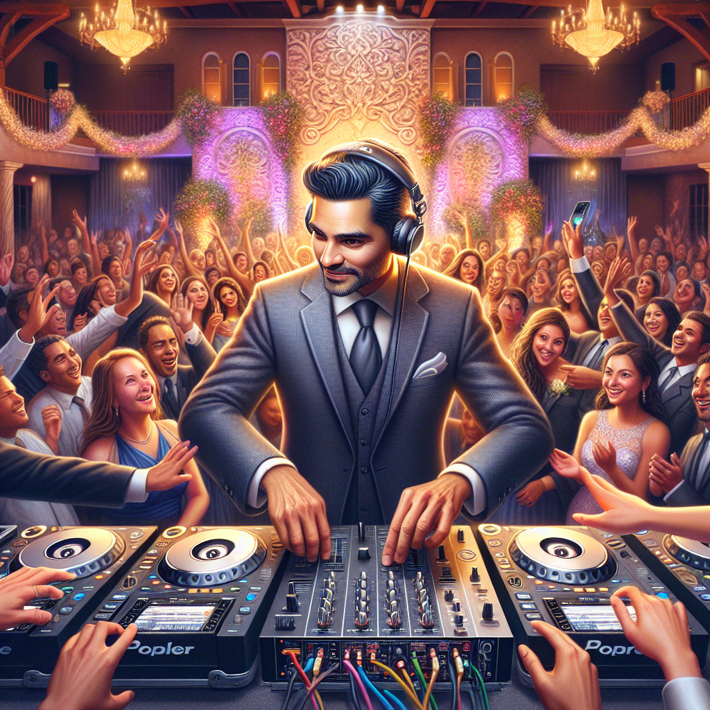 Realistic Image Of A Wedding Dj Performing At A Reception With Professional Equipment And Festive Decorations.