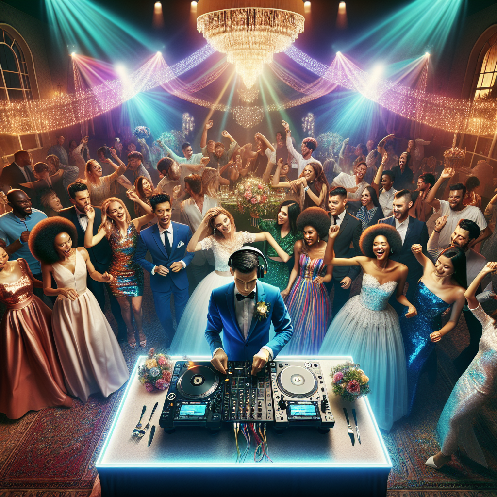 A Wedding Dj At A Reception With Guests Dancing.