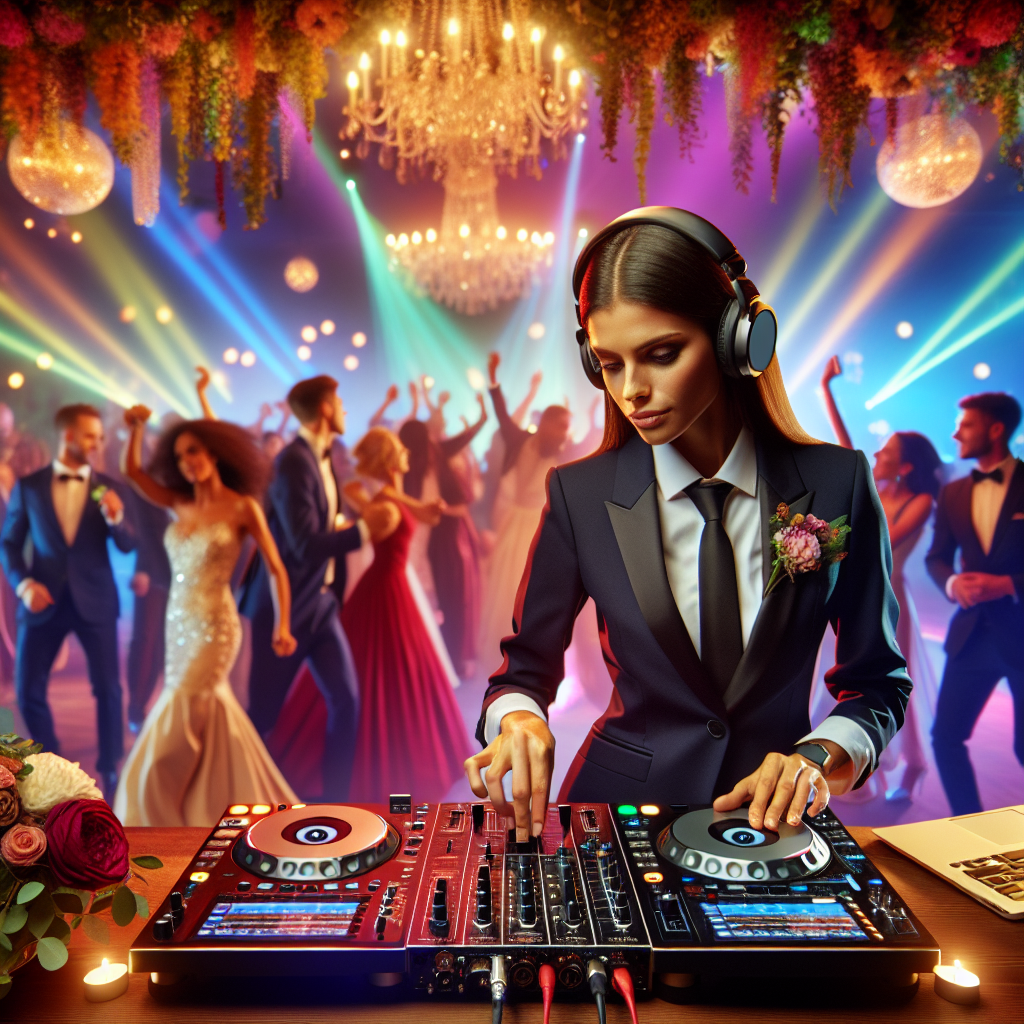 A Wedding Dj Mixing Music At A Reception With People Dancing In The Background.