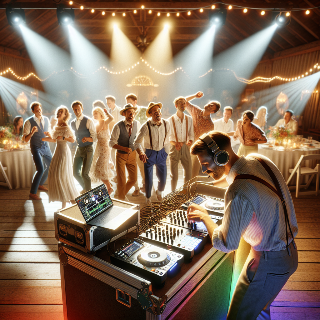 A realistic image of a DJ performing at a wedding in Boothbay, Maine with guests dancing.
