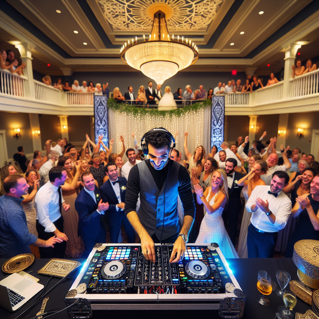 A DJ at a wedding reception with guests dancing in Boothbay, Maine.