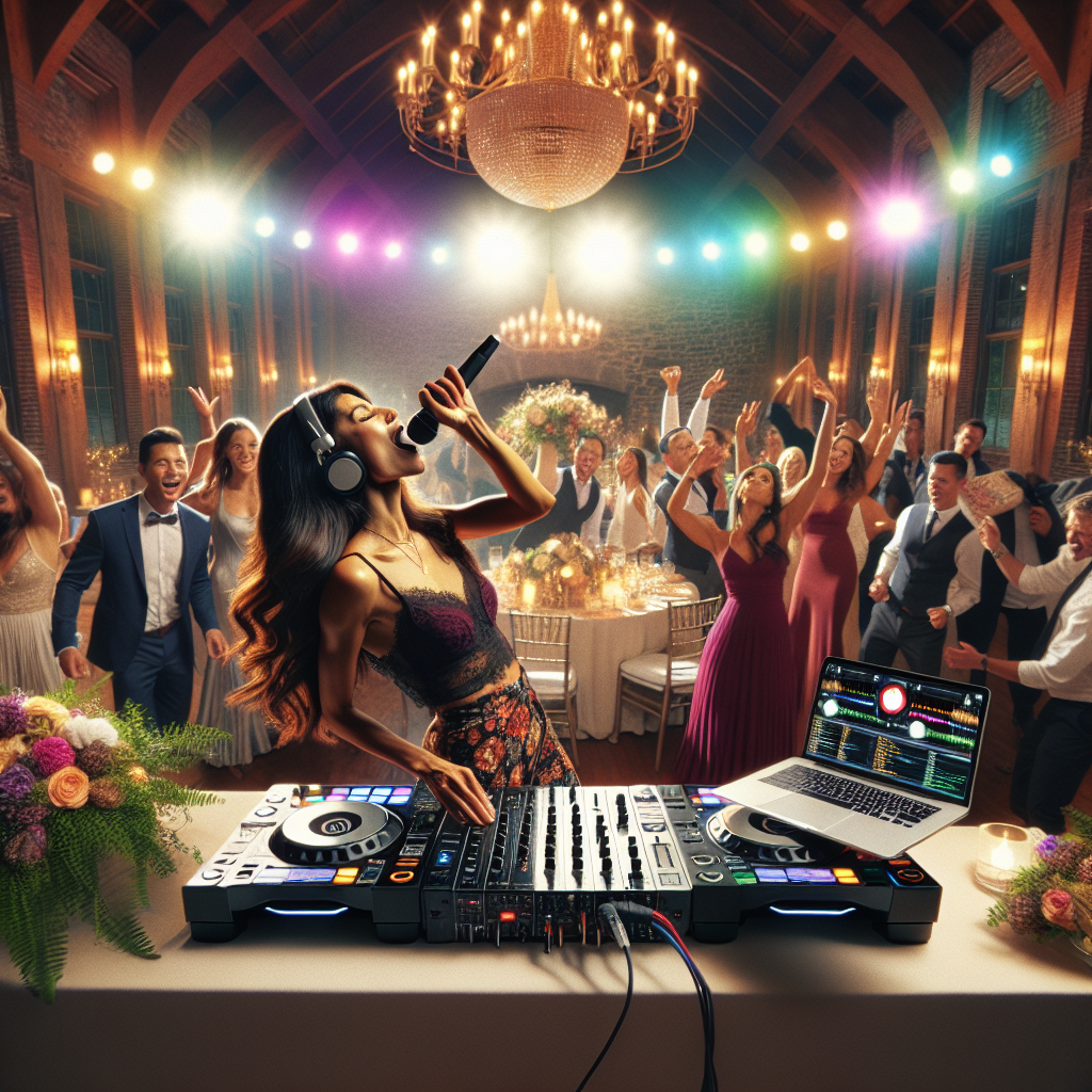 A DJ at a wedding reception in Boothbay, Maine, with people dancing.