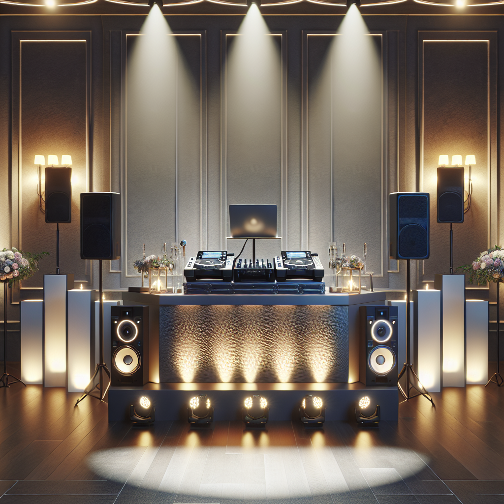 Realistic depiction of a wedding DJ turntable setup with professional equipment and elegant ambient lighting.