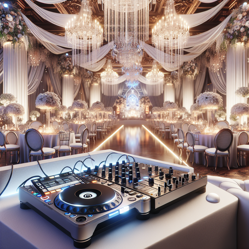 A DJ turntable and mixer setup at a wedding reception, resembling the setup from the provided image link.