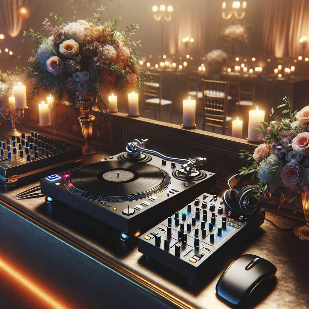 Realistic DJ turntable wedding setup with elegant decorations and mood lighting.