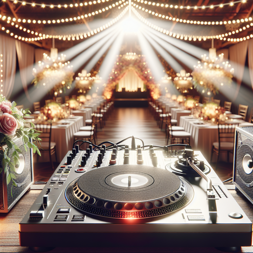 A DJ turntable wedding setup with realistic details and festive ambiance.