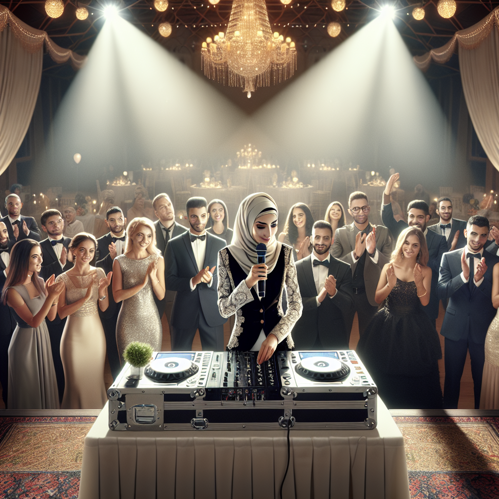 A wedding DJ introducing himself at a reception, with guests and decor.