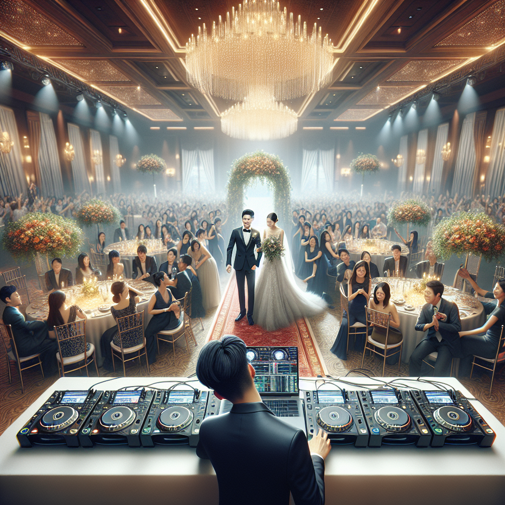 A realistic image of a wedding DJ introducing the newlywed couple at a reception.