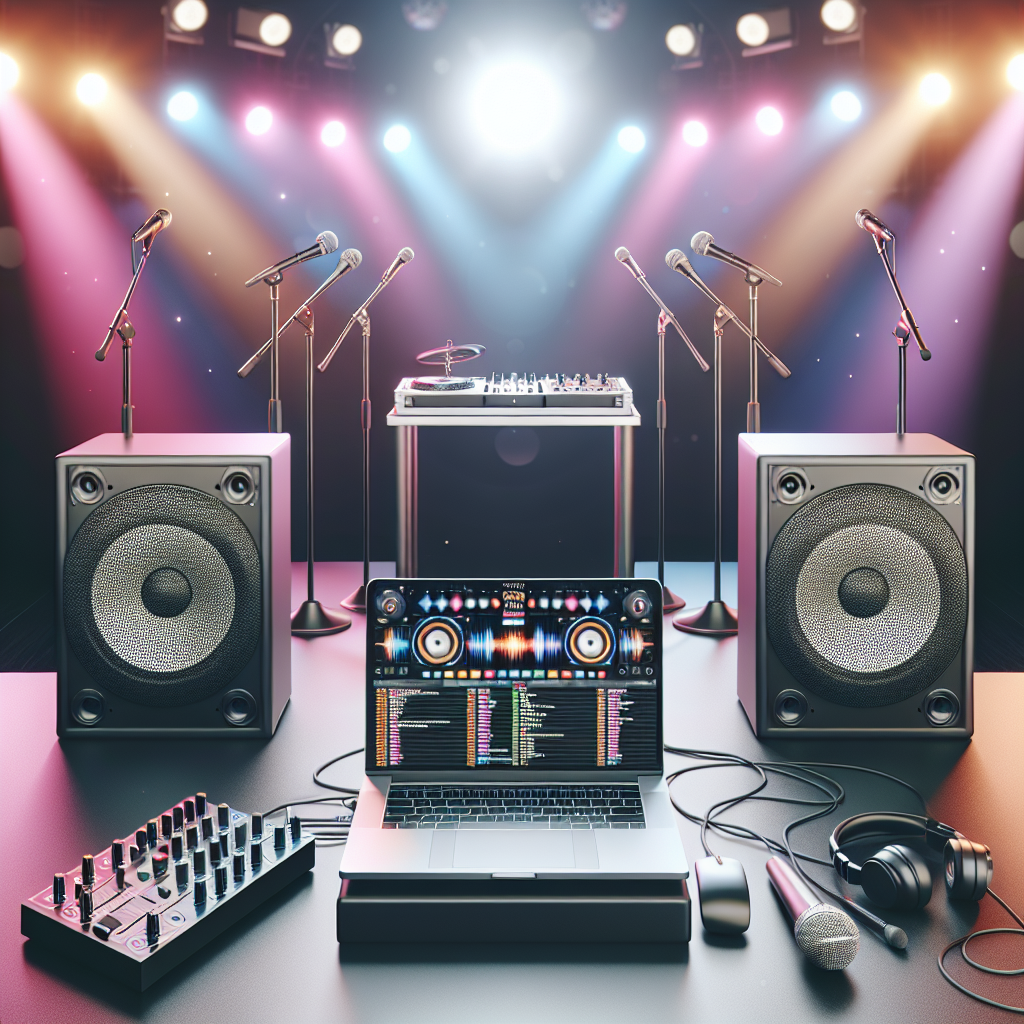 Realistic Karaoke Dj Setup With A Laptop, Dj Mixer, And Microphones On A Table, Flanked By Large Speakers.
