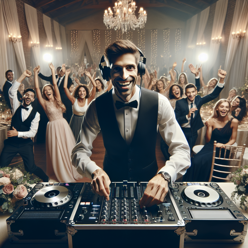 A Realistic Recreation Of A Dj At A Wedding Reception With Guests Dancing And Modern Dj Equipment Set Up.